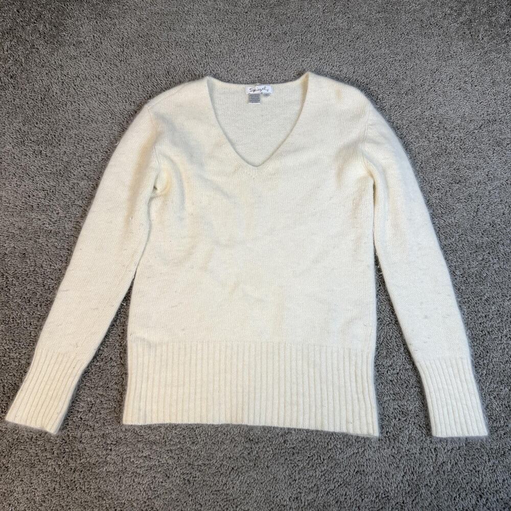 Vintage Spiegel Sweater Pullover Womens S White V-Neck Slim Wool Angora Nylon